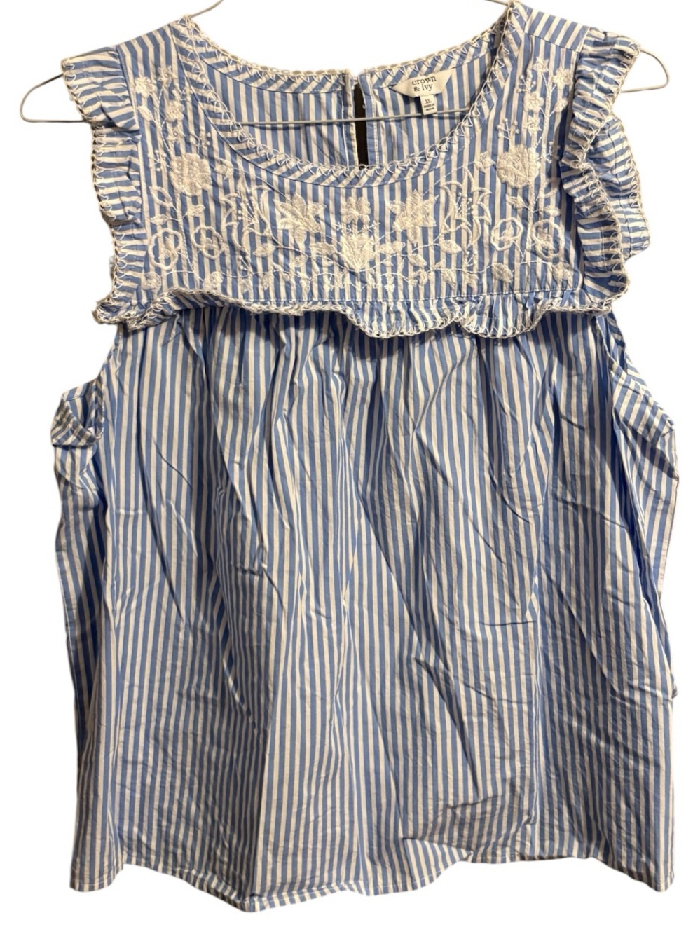 crown & ivy Blue and White Striped Embroidered Tank